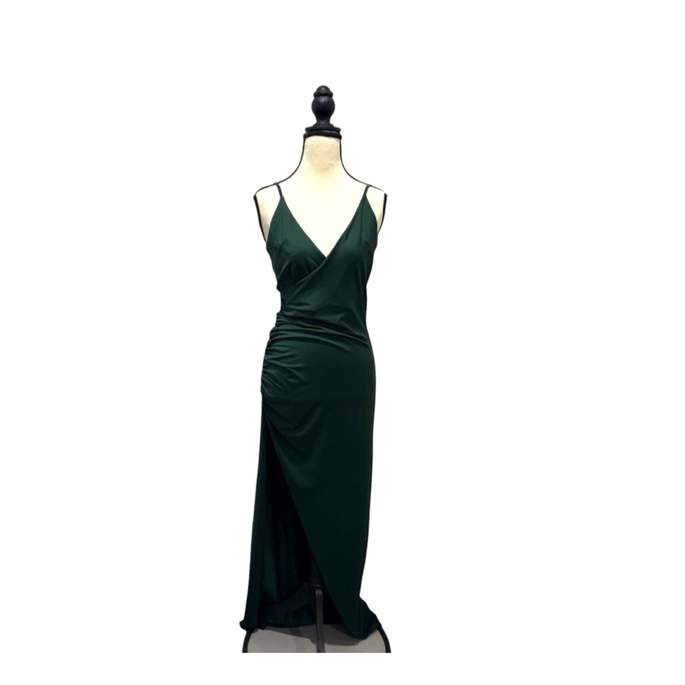 Hello Molly Maxi Dress Green Satin Wrap Slit Formal Evening Size Small USA - Picture 2 of 11
